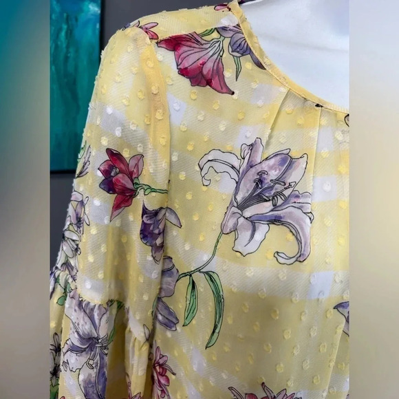 Women’s Small Swiss Dot SHEER Yellow Floral Blouse Keyhole‎ Cottagecore Dainty - Picture 7 of 16
